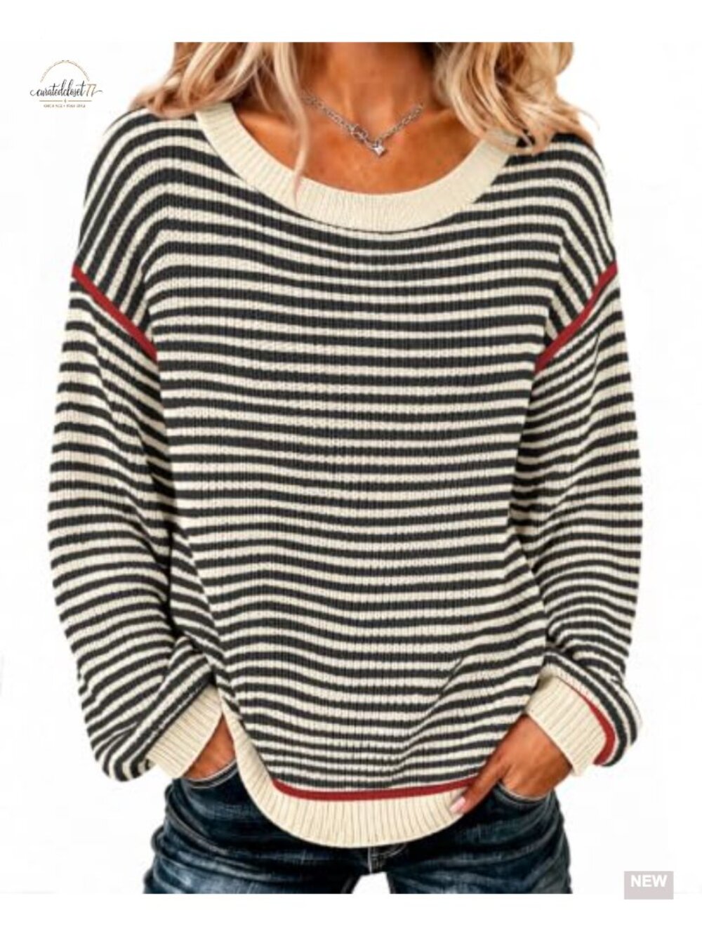 Oversized Striped Pullover Sweater Crew Neck Long Sleeve Soft Knit Fall